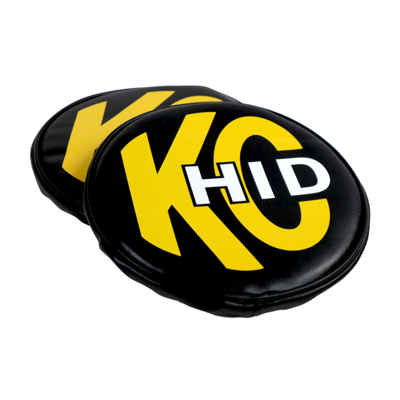 KC HiLiTES 8in. Round Soft Cover HID (Pair) - Black w/Yellow Brushed KC Logo -  Shop now at Performance Car Parts