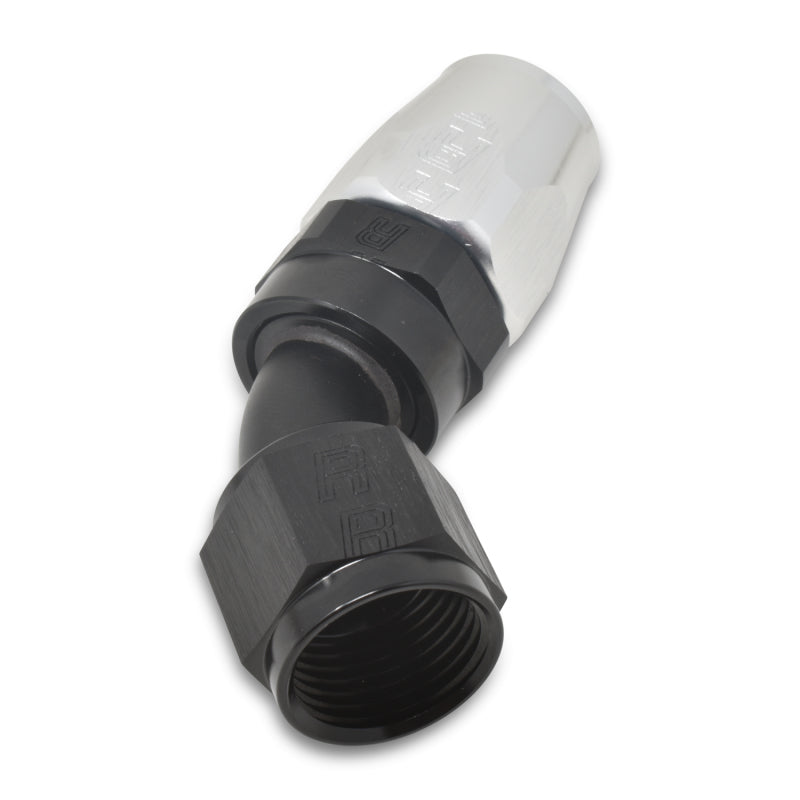 Russell Performance -6 AN Black/Silver 45 Degree Full Flow Hose End -  Shop now at Performance Car Parts