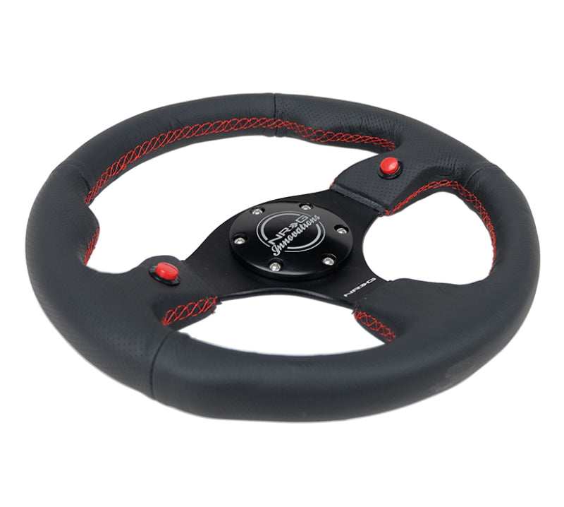 NRG Reinforced Steering Wheel (320mm) Blk Leather w/Dual Buttons -  Shop now at Performance Car Parts
