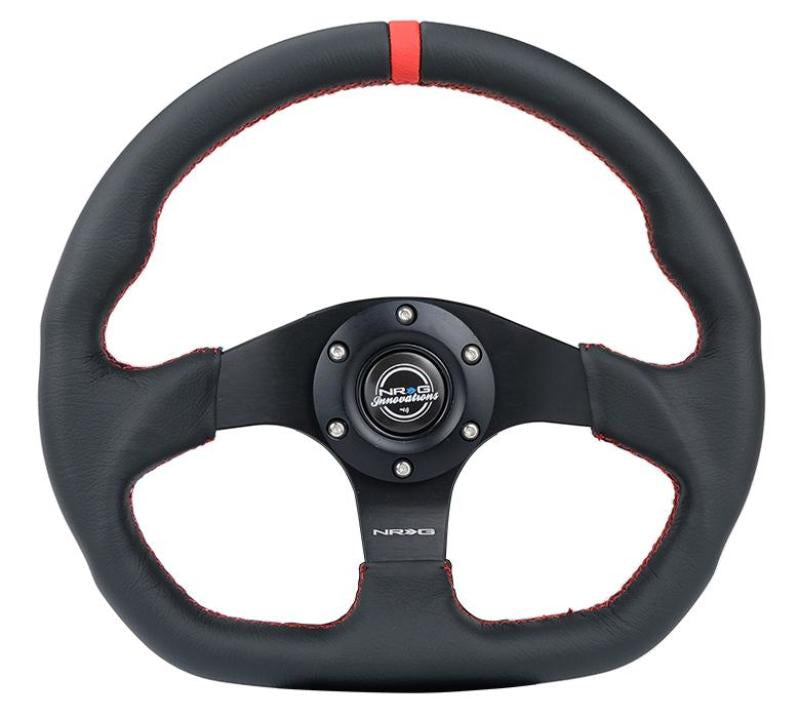 NRG Reinforced Steering Wheel (320mm) Sport Leather Flat Bottom w/ Red Center Mark/ Red Stitching -  Shop now at Performance Car Parts