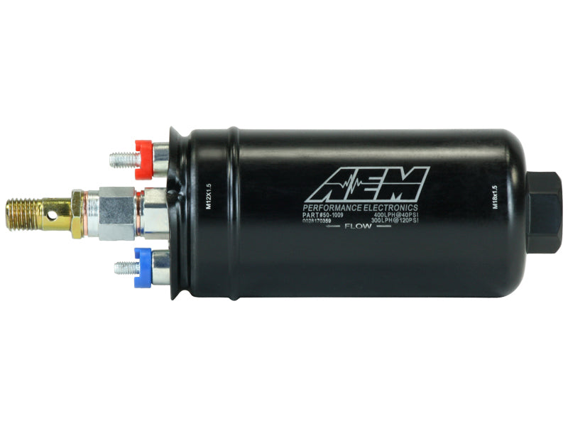 AEM 400LPH High Pressure Inline Fuel Pump - M18x1.5 Female Inlet to M12x1.5 Male Outlet -  Shop now at Performance Car Parts