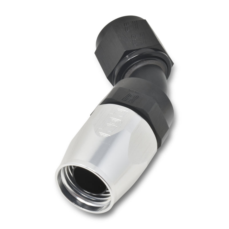 Russell Performance -10 AN Black/Silver 45 Degree Full Flow Hose End -  Shop now at Performance Car Parts