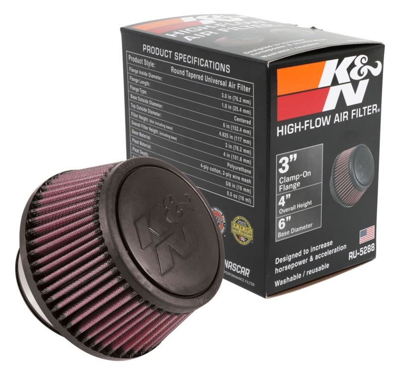 K&N Universal Round Clamp-On Air Filter 3in Flange ID x 6in Base OD x 4.625in Top OD x 3in Height -  Shop now at Performance Car Parts