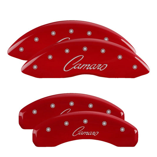 MGP 4 Caliper Covers Engraved Front & Rear Cursive/Camaro Red finish silver ch
