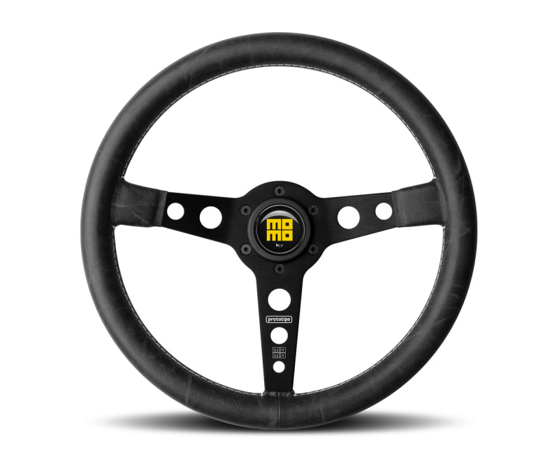 Momo Prototip Heritage Steering Wheel 350 mm - Black Leather/White Stitch/Black Spokes -  Shop now at Performance Car Parts