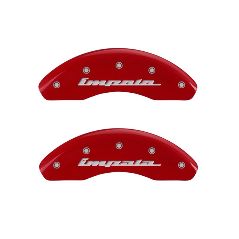 MGP 4 Caliper Covers Engraved Front & Rear Impala Red finish silver ch -  Shop now at Performance Car Parts