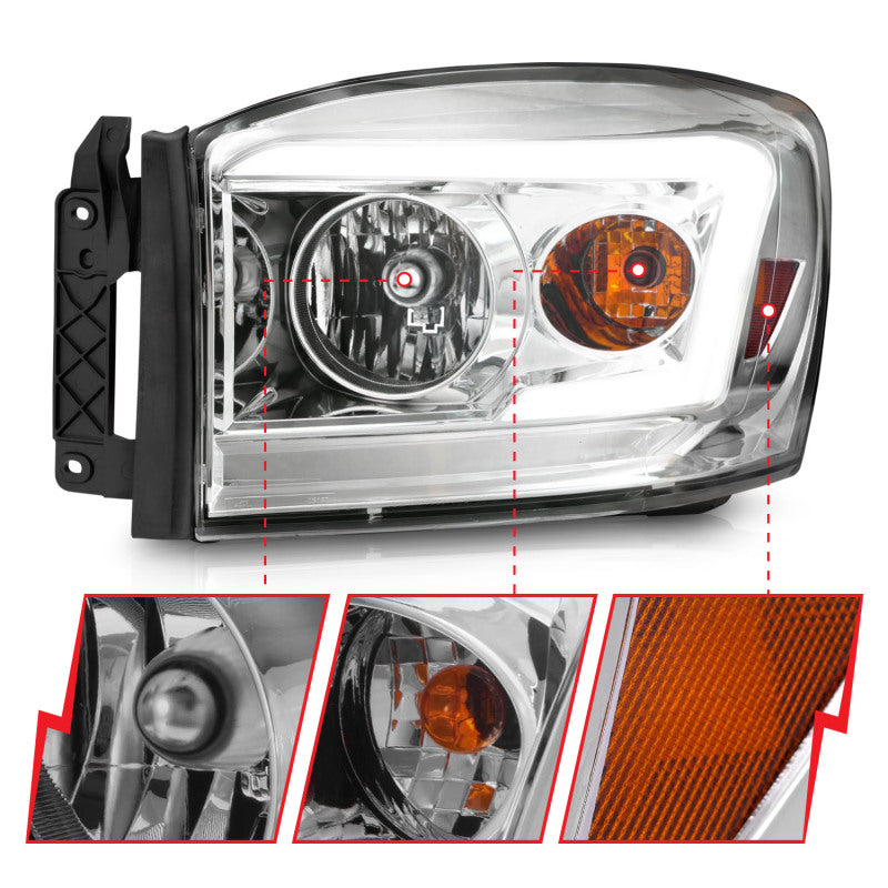 Anzo 06-09 Dodge RAM 1500/2500/3500 Headlights Chrome Housing/Clear Lens (w/ Light Bars) -  Shop now at Performance Car Parts