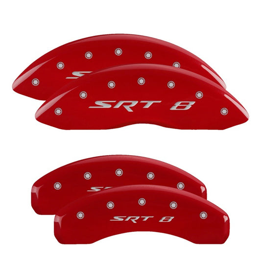 MGP 4 Caliper Covers Engraved Front & Rear 11-18 Jeep Grand Cherokee Red Finish Silver SRT-8 Logo