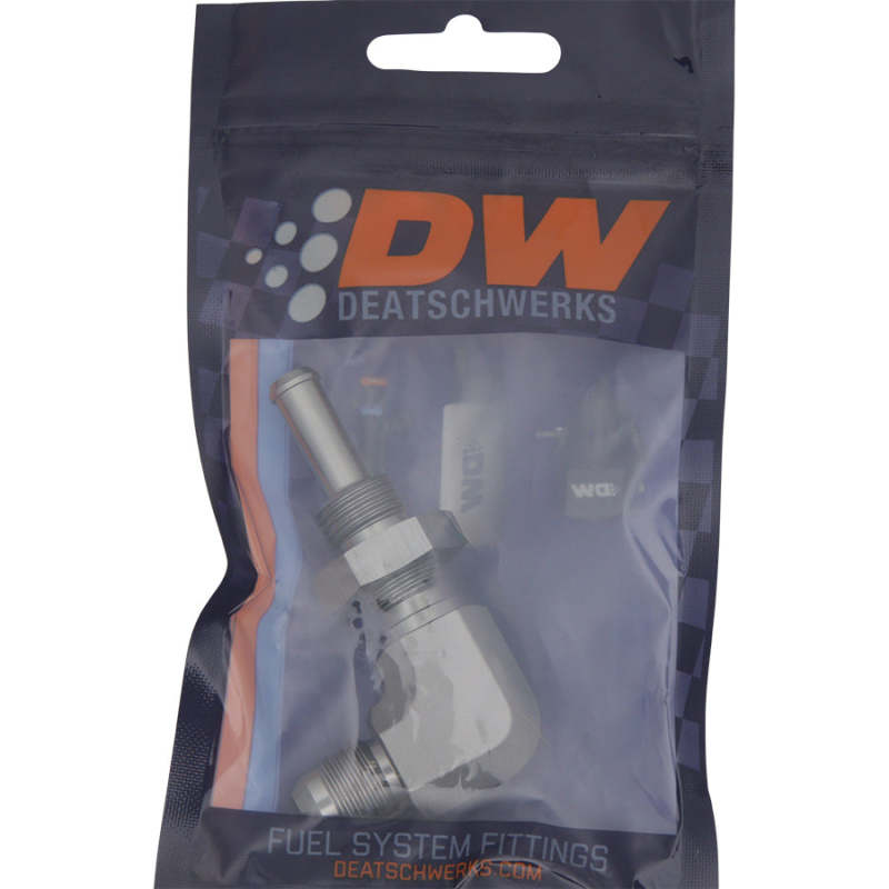 DeatschWerks 6AN Male Flare To 5/16in. Male Barb Bulkhead Adapter 90-Degree (Incl. Nut) -  Shop now at Performance Car Parts
