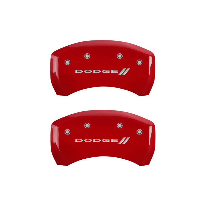 MGP 4 Caliper Covers Engraved Front & Rear With stripes/Dodge Red finish silver ch -  Shop now at Performance Car Parts
