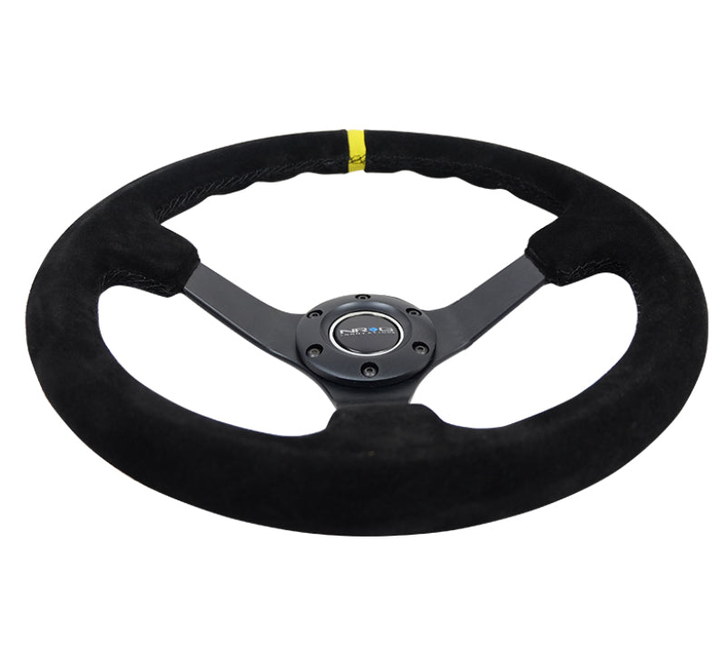 NRG Reinforced Steering Wheel (350mm / 3in. Deep) Blk Suede/X-Stitch w/5mm Blk Spoke & Yellow CM -  Shop now at Performance Car Parts