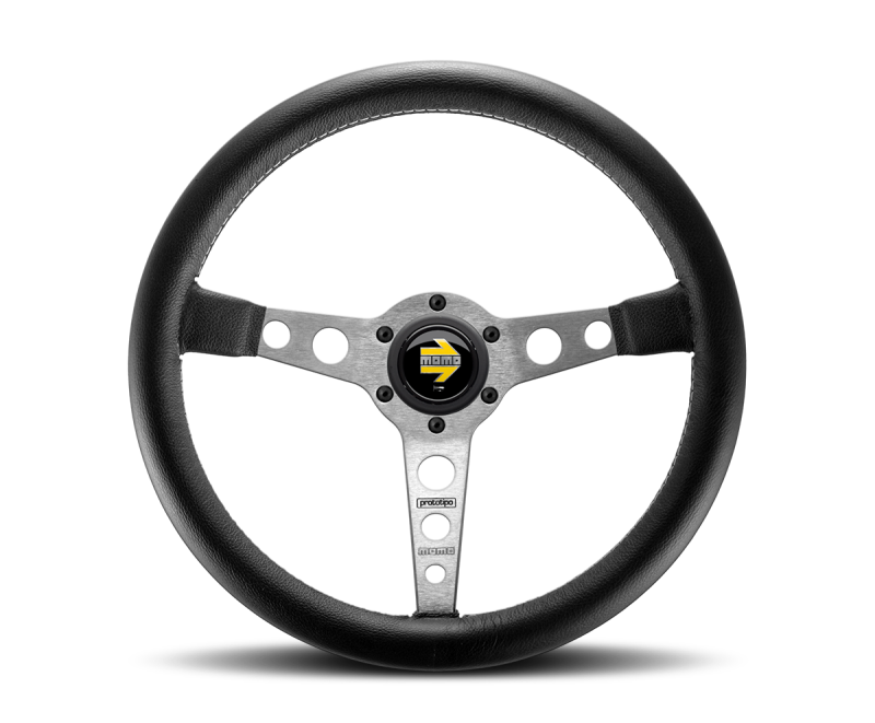 Momo Prototipo Steering Wheel 350 mm - Black Leather/Wht Stitch/Brshd Spokes -  Shop now at Performance Car Parts