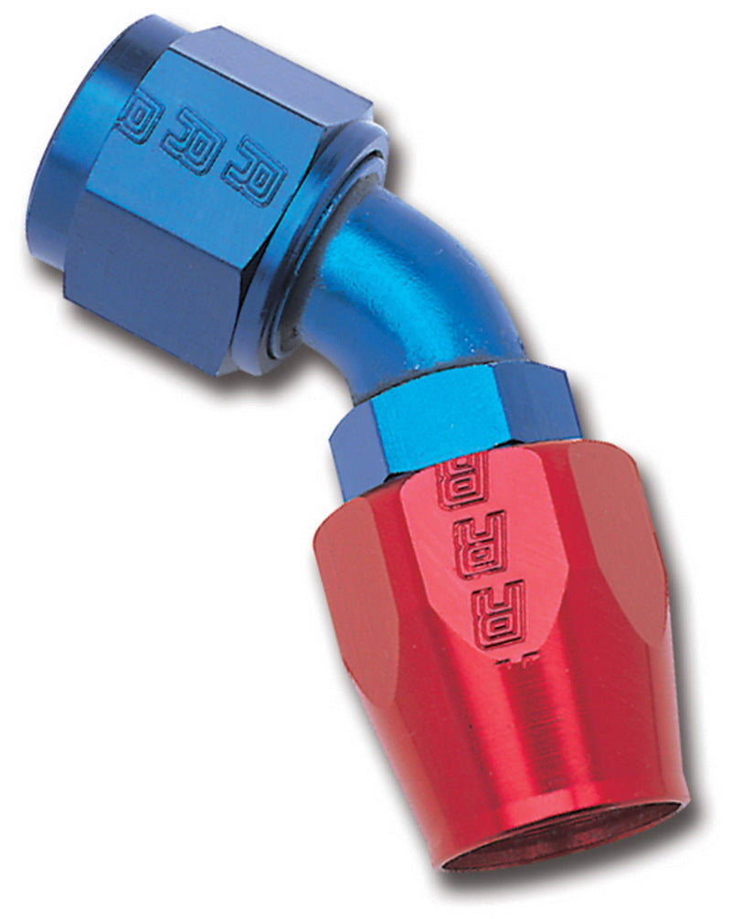 Russell Performance -6 AN Red/Blue 45 Degree Full Flow Hose End -  Shop now at Performance Car Parts