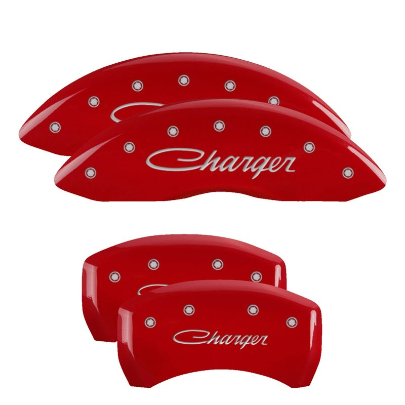 MGP 4 Caliper Covers Engraved Front Cursive/Challenger Engraved Rear RT Red finish silver ch -  Shop now at Performance Car Parts