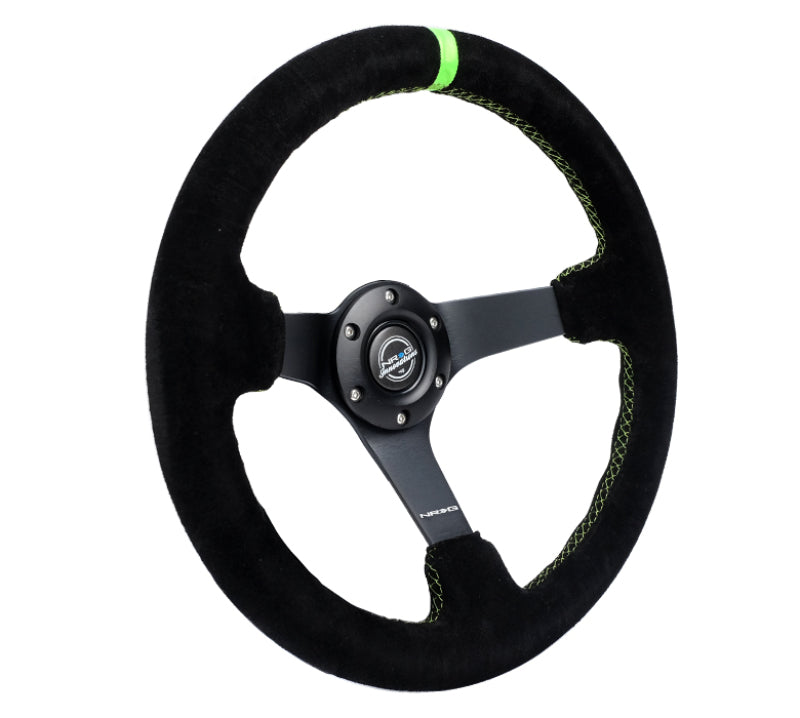 NRG Reinforced Steering Wheel 350mm/3in. Deep Blk Suede/ Neon Green Stitch w/5mm Matte Black Spoke -  Shop now at Performance Car Parts
