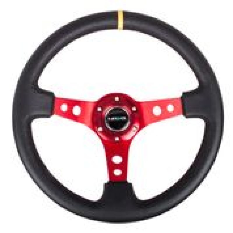 NRG Reinforced Steering Wheel (350mm / 3in. Deep) Blk Leather w/Red Spokes & Sgl Yellow Center Mark -  Shop now at Performance Car Parts
