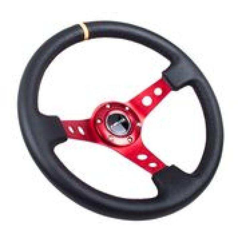 NRG Reinforced Steering Wheel (350mm / 3in. Deep) Blk Leather w/Red Spokes & Sgl Yellow Center Mark -  Shop now at Performance Car Parts