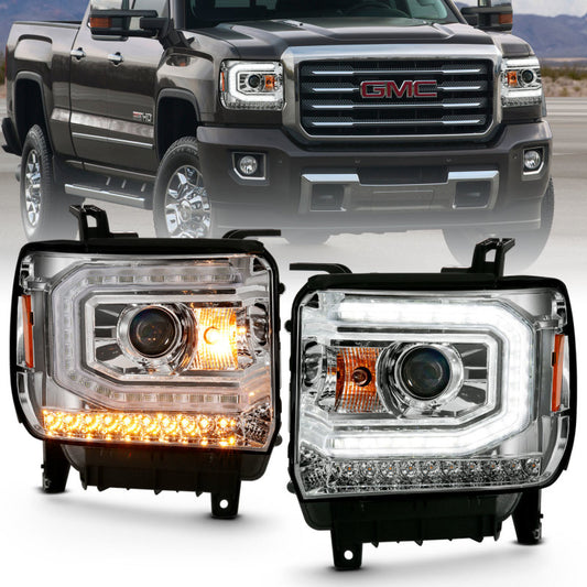 ANZO 2016-2019 Gmc Sierra 1500 Projector Headlight Plank Style Chrome w/ Sequential Amber Signal - Performance Car Parts
