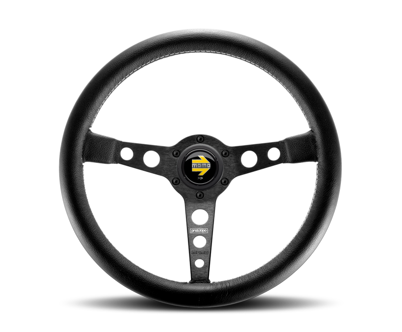 Momo Prototipo Steering Wheel 350 mm - Black Leather/Wht Stitch/Black Spokes -  Shop now at Performance Car Parts