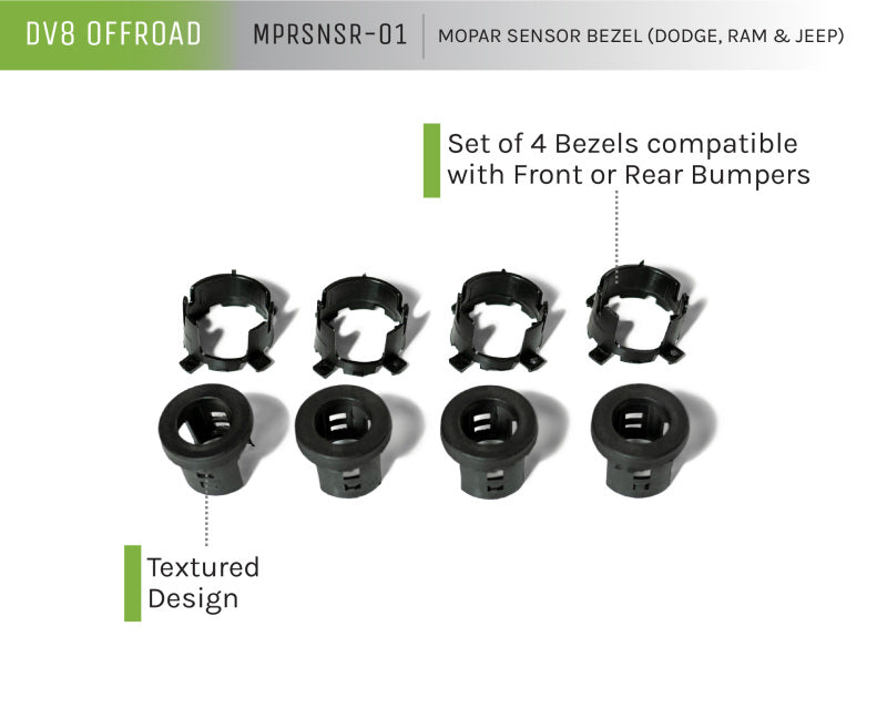 DV8 Offroad Jeep/Dodge/RAM Front Bezel & Rear Clip Replacement Kit for MOPAR Sensors - Set of 4 -  Shop now at Performance Car Parts
