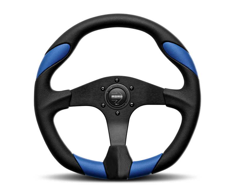 Momo Quark Steering Wheel 350 mm - Black Poly/Black Spokes/Blue Inserts -  Shop now at Performance Car Parts
