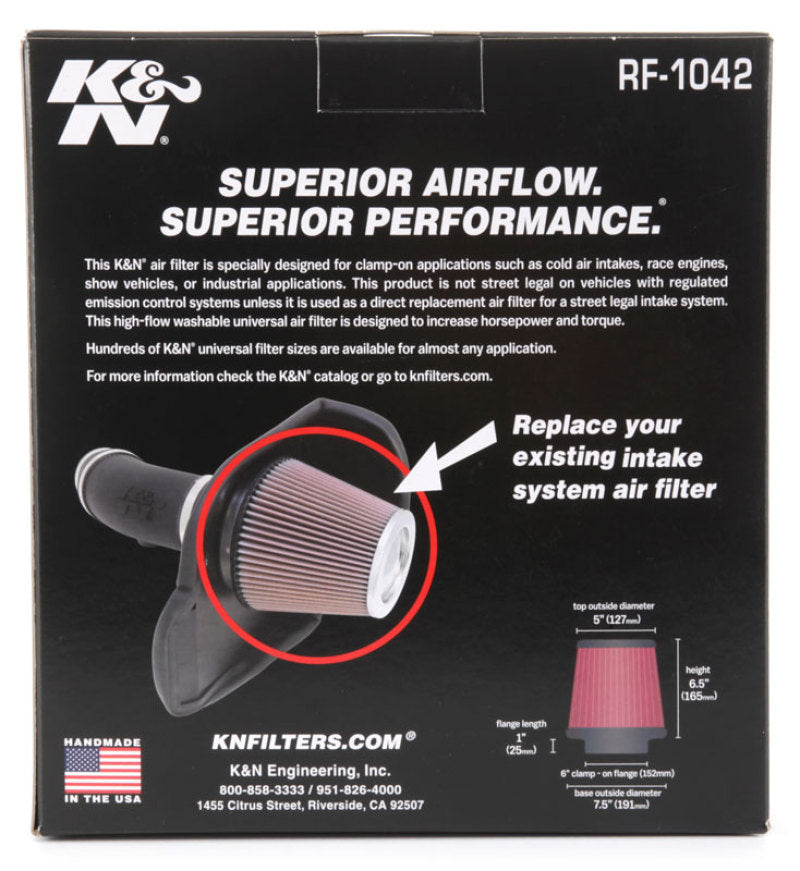 K&N Round Tapered Universal Air Filter 6in Flange ID x 7.5in Base OD x 5in Top OD x 6.5in Height