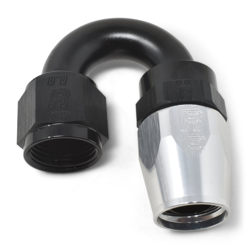 Russell Performance -8 AN Black/Silver 180 Degree Tight Radius Full Flow Swivel Hose End -  Shop now at Performance Car Parts